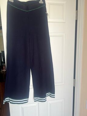 Girls Navy Wide-Leg Knit Pants with Green Trim
